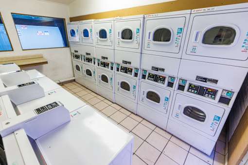 A row of washing machines are lined up in a laundromat.