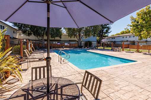 A purple umbrella is over a table in a backyard with a pool.