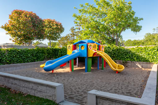 A colorful playground with a blue and yellow slide.