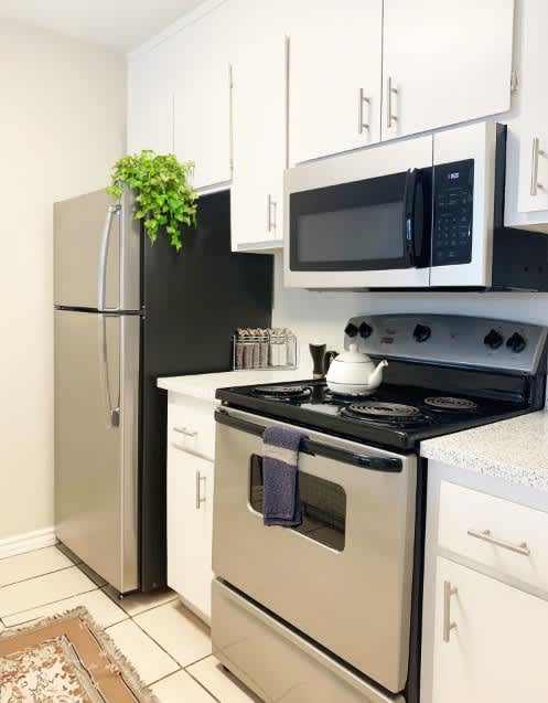 A black refrigerator stands next to a black microwave in a kitchen.