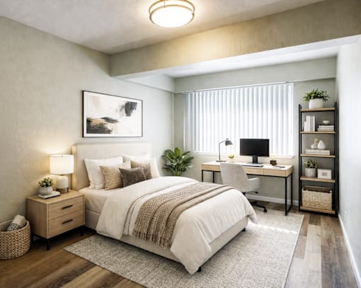 A bedroom with a bed, desk, and chair.
