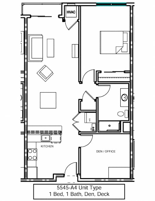 A floor plan of a 5545-A4 unit type with one bed, one bath, den, and deck.