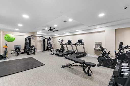 A well-equipped gym with a variety of exercise machines and a green exercise ball hanging from the ceiling.