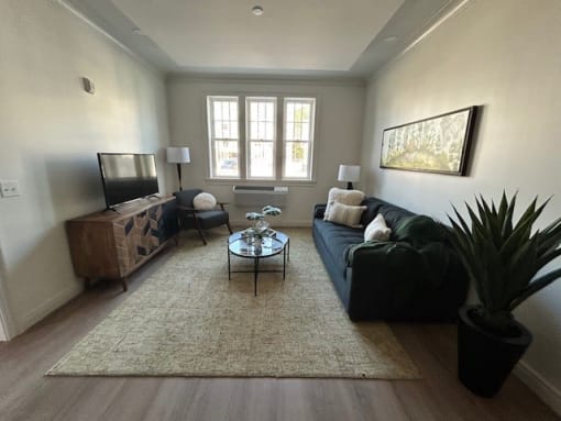 a living room with a couch and a tv
