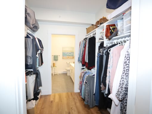 a closet with a rack of clothes and a door to the bathroom