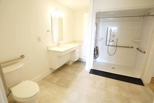 A bathroom with a toilet, sink, and shower.