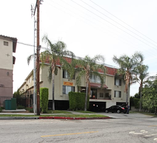 a building with palm trees in front of it on a street