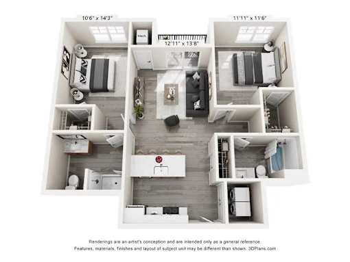 A 3D floor plan of a two-bedroom apartment with a kitchen, living room, and bathroom.