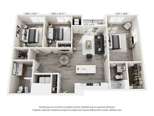 A 3D floor plan of a house with a kitchen, living room, and two bedrooms.
