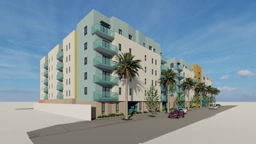 A modern apartment building with balconies and palm trees in front.