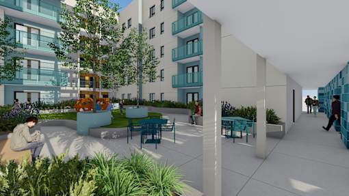 A 3D rendered image of a modern outdoor courtyard with people sitting and walking.