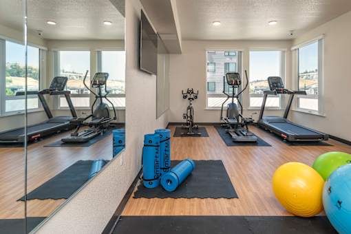 A gym with treadmills, exercise balls, and weights.