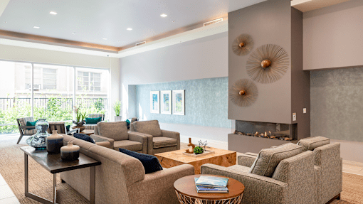 a living room with couches and chairs and a fireplace