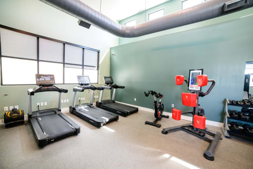 a gym with treadmills and other exercise equipment in the wellness center