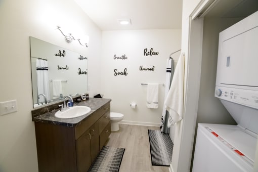 a bathroom with a sink and a toilet and a large mirror