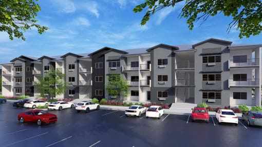 an architectural rendering of an apartment building with cars in a parking lot
