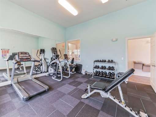 a gym with various machines and weights on the floor at The Maddox Apartments, Arkansas, 72719