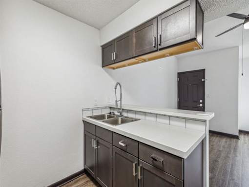 a kitchen with a sink and cabinets and a door