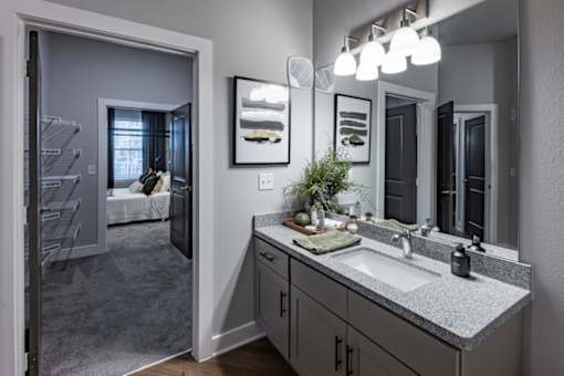 a bathroom with a sink and a mirror