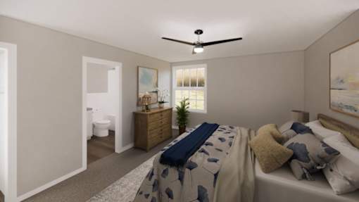 A bedroom with a bed, dresser, and window.