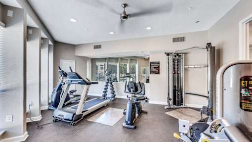 A spacious gym with treadmills, elliptical machines, and other exercise equipment.