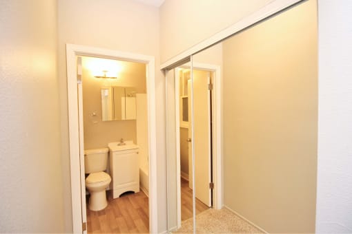 a bathroom with a toilet and a mirror