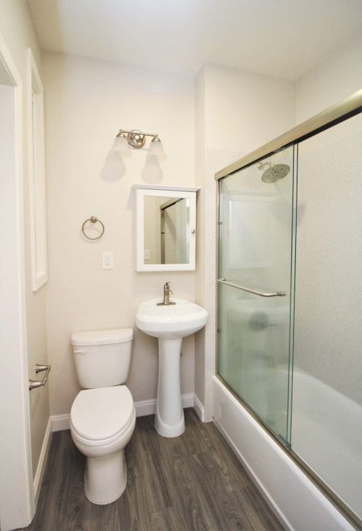 a bathroom with a toilet sink and a shower