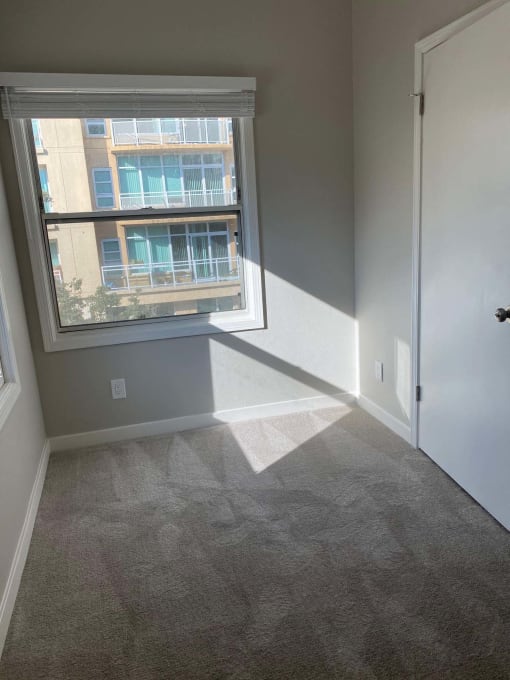 an empty bedroom with a window and carpeted floor