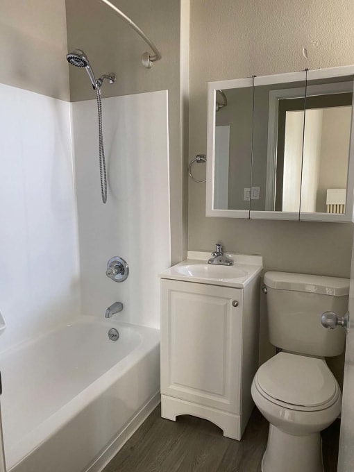 a bathroom with a sink toilet and a bath tub