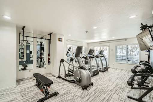 A well-equipped gym with a variety of machines and a mirrored wall.