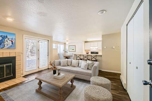 A living room with a fireplace and a couch.
