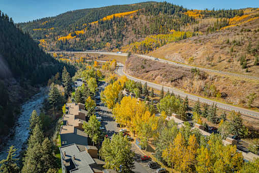 A river flows through a town with yellow trees.