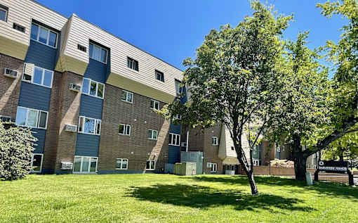 an apartment building with green grass and a tree in front of it