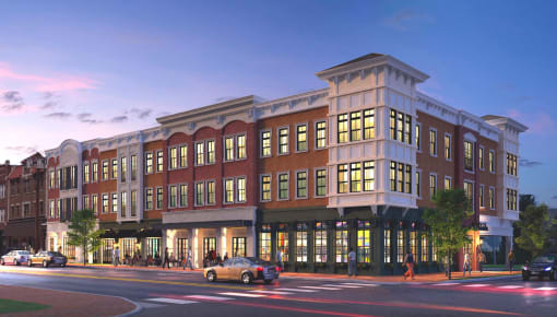 a rendering of a building on a city street