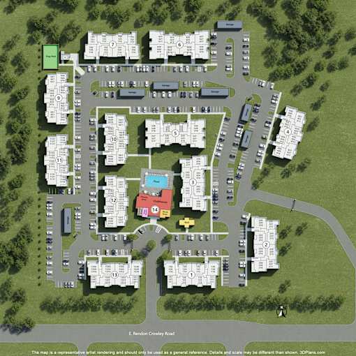 A 3D rendered image of a map showing a layout of buildings with numbered sections.