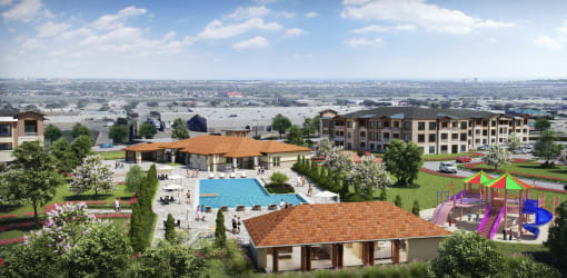 a rendering of a resort with a pool and a city in the background at Creekside at Grand Prairie, Grand Prairie, TX 75052