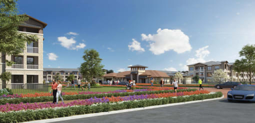 a rendering of a park with people and buildings at Creekside at Grand Prairie, Grand Prairie, TX