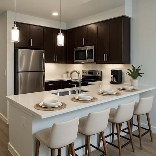 A modern kitchen with a white island and dark brown cabinets.at Arden at Corinth, Corinth, TX 76210