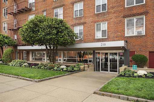 The front of apartment building number 210 with a tree in front.