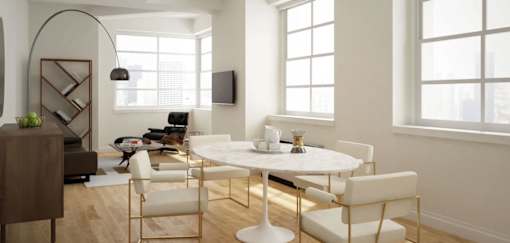 A modern dining room with a white table and chairs.at 21 West, New York New York 