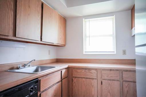 A kitchen with wooden cabinets and a window.