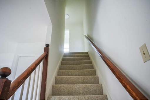 A staircase with a wooden handrail and beige carpeted steps.