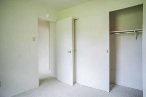 A white room with a door and a closet.