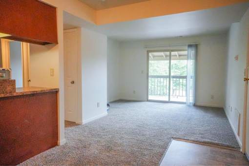 A large empty room with a carpeted floor and a sliding glass door.