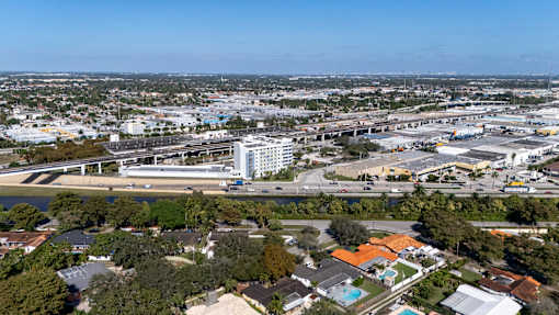 A view of a city from a high vantage point.