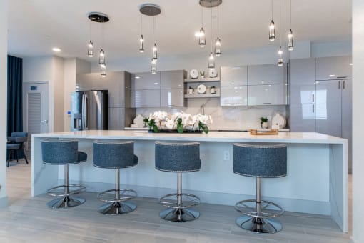 a kitchen with an island and four bar stools