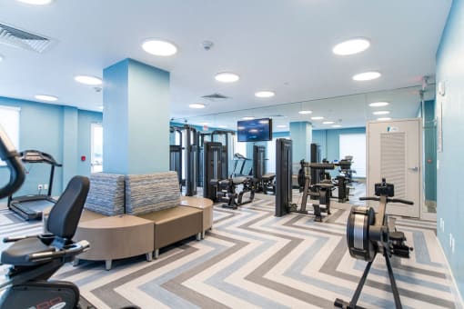 a gym with weights and cardio machines and a tv