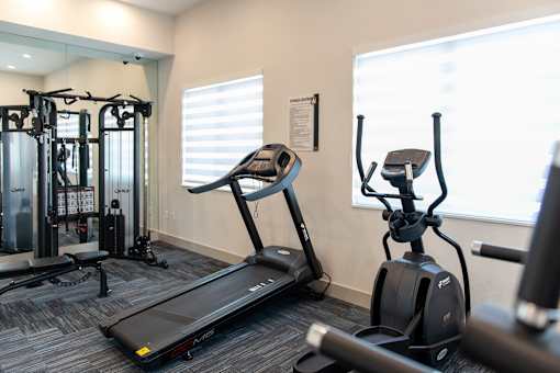 A gym with treadmills, elliptical machines, and other exercise equipment.