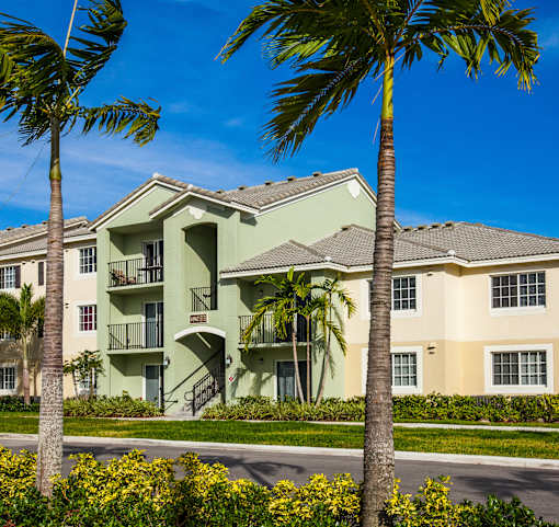 A building with a green and beige exterior is surrounded by palm trees and yellow flowers.