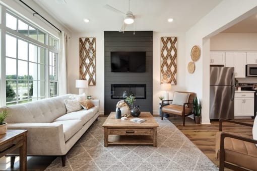 a living room with a couch and a table